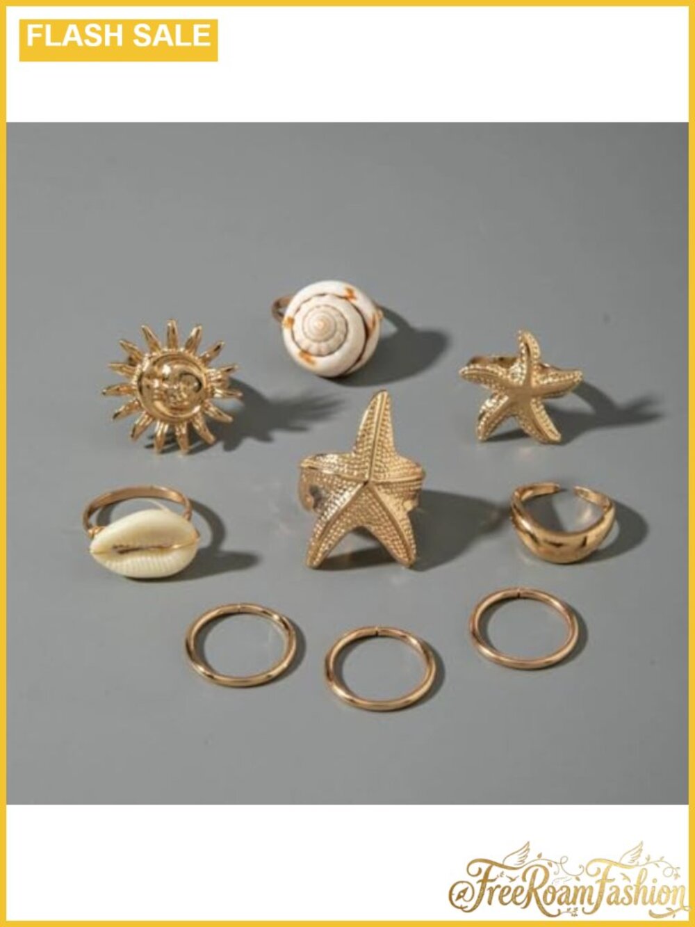 9Pc Boho Gold Plated Sun Starfish Shell Stackable Rings Set - Picture 4 of 6